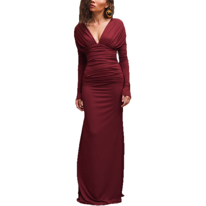 Šaty s V výstrihom, vysokým pásom, plisované, dlhé rukávy; materiál: polyester/spandex zmes