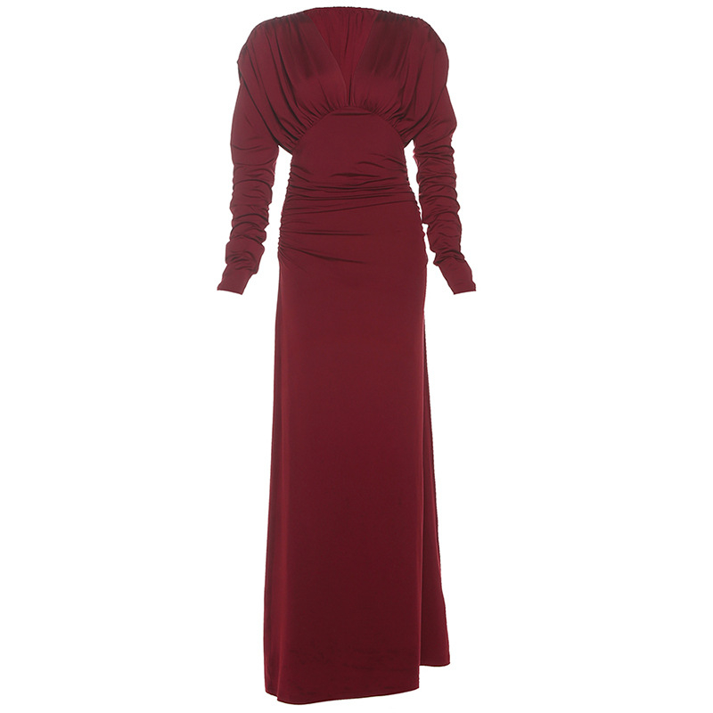 Šaty s V výstrihom, vysokým pásom, plisované, dlhé rukávy; materiál: polyester/spandex zmes