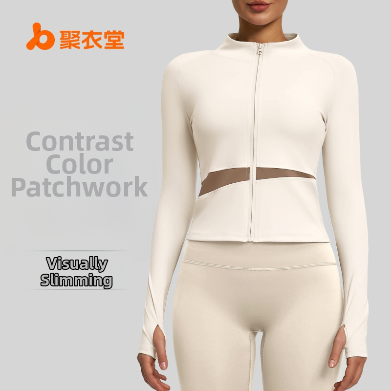 Sievietēm paredzēta persiku krāsu bloku jogas jaka ar augstu kaklu, elpojoša, atklāj vēderu, garas piedurknes, poliestera audums 82,5% — Vasara 2025