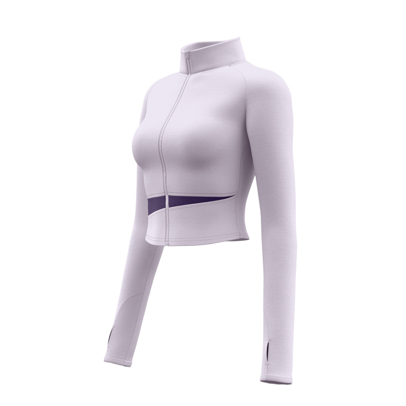 Sievietēm paredzēta persiku krāsu bloku jogas jaka ar augstu kaklu, elpojoša, atklāj vēderu, garas piedurknes, poliestera audums 82,5% — Vasara 2025