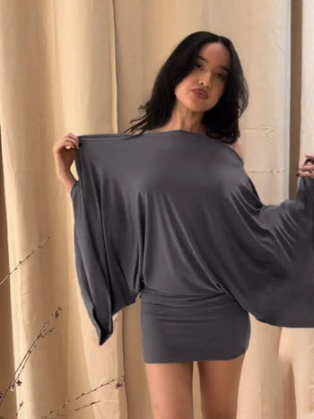 Bodycon haljina s otvorenim ramenima, batwing rukavi, Milk Silk tkanina, mješavina poliestera i spandexa