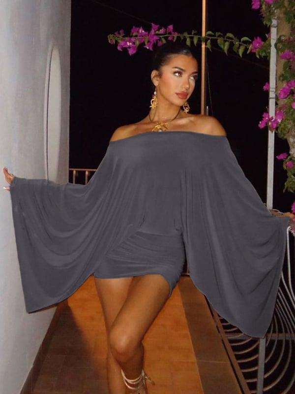 Bodycon haljina s otvorenim ramenima, batwing rukavi, Milk Silk tkanina, mješavina poliestera i spandexa