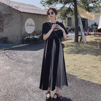 Haljina za plus veličinu u Hepburn stilu, francuski stil, ljetni panelni šavovi, lažni dvodijelni dizajn, slobodan struk, duga široka suknja