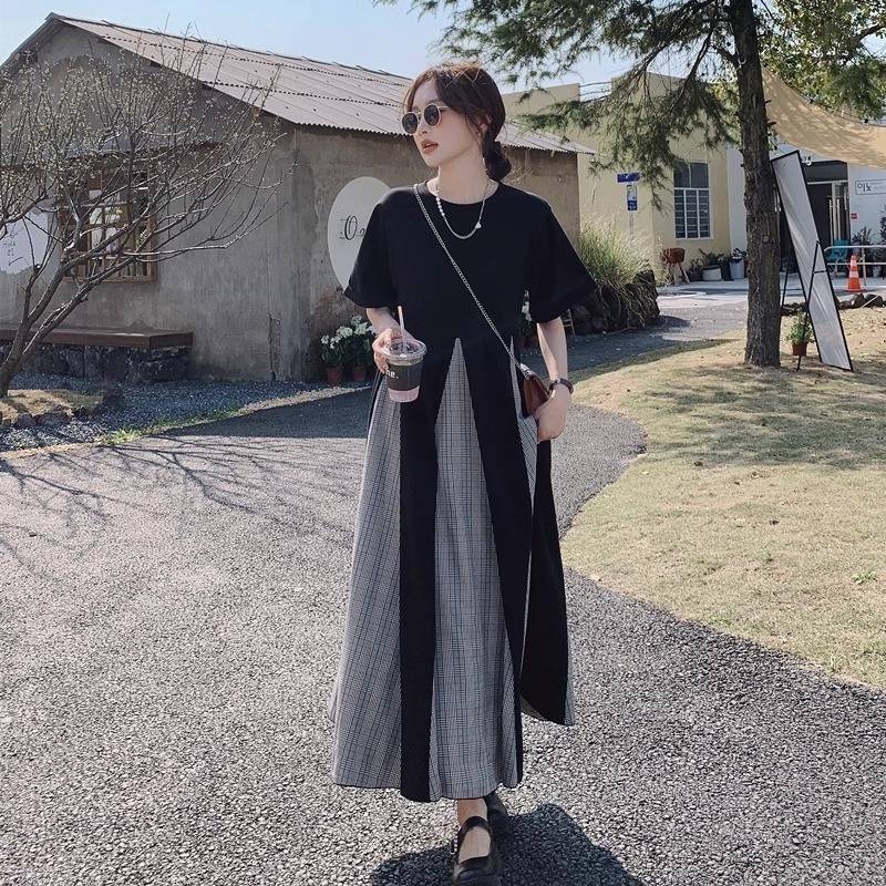 Haljina za plus veličinu u Hepburn stilu, francuski stil, ljetni panelni šavovi, lažni dvodijelni dizajn, slobodan struk, duga široka suknja