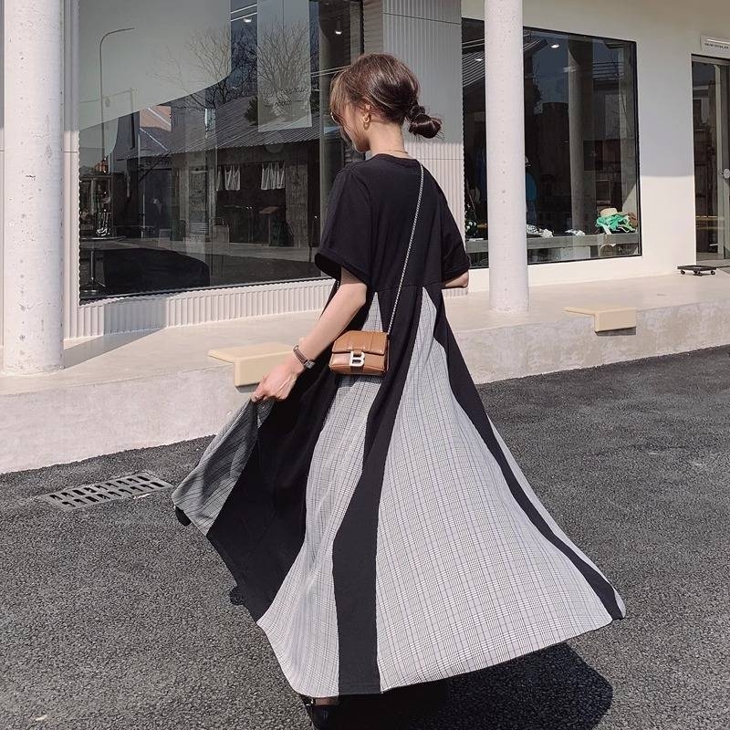Haljina za plus veličinu u Hepburn stilu, francuski stil, ljetni panelni šavovi, lažni dvodijelni dizajn, slobodan struk, duga široka suknja