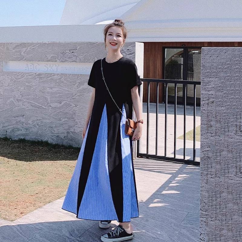 Haljina za plus veličinu u Hepburn stilu, francuski stil, ljetni panelni šavovi, lažni dvodijelni dizajn, slobodan struk, duga široka suknja