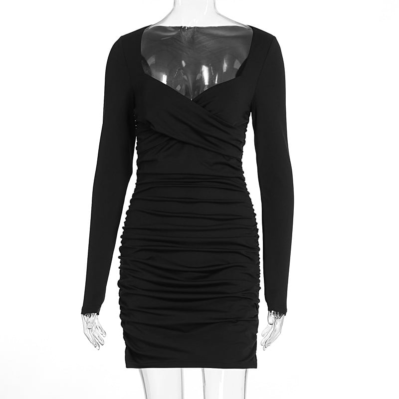 Дамска рокля с V-образно деколте, дълги ръкави, плисирана, тясен силует, еластична материя полиестер-еластан