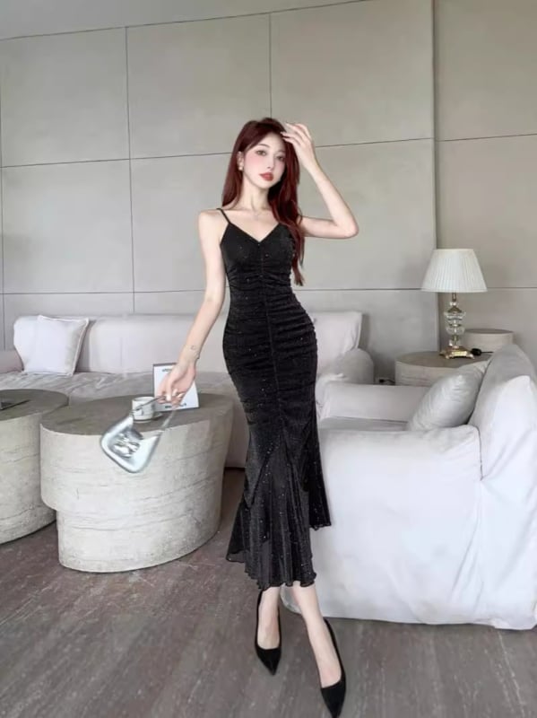 Mrežasta haljina s ribljim repom, V-neck, bez rukava, visok struk, dugačka