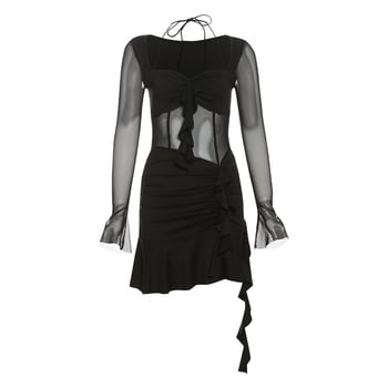 A-vonalú egyszínű ruha magas derék, négyszögletes gallér, hosszú ujjú, rövid szoknya, poliészter-elasztán anyag