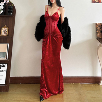 Női váll nélküli ruhar V-nyakkal, magas derék, hosszú A-vonalú ruha, egyszínű poliészter és elasztán