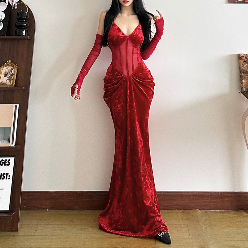 Női váll nélküli ruhar V-nyakkal, magas derék, hosszú A-vonalú ruha, egyszínű poliészter és elasztán