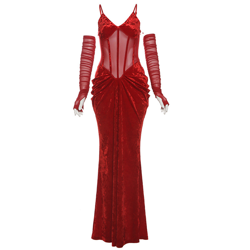 Női váll nélküli ruhar V-nyakkal, magas derék, hosszú A-vonalú ruha, egyszínű poliészter és elasztán