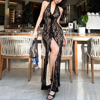 Halter nyakú ruha V-nyakkal, hosszú, magas derékkal, A-vonalú szabás, poliészter-elasztán keverék