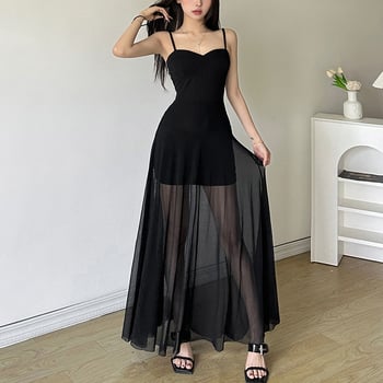 Дамска рокля без презрамки със право деколте, полиестер с еластан, висока талия, кройка A-line, дълга