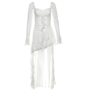 Női A-vonalú ruha négyszögletes nyakkal, hosszú ujjú, magas derekú, poliészter-spandex keverék