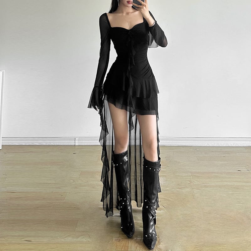 Női A-vonalú ruha négyszögletes nyakkal, hosszú ujjú, magas derekú, poliészter-spandex keverék