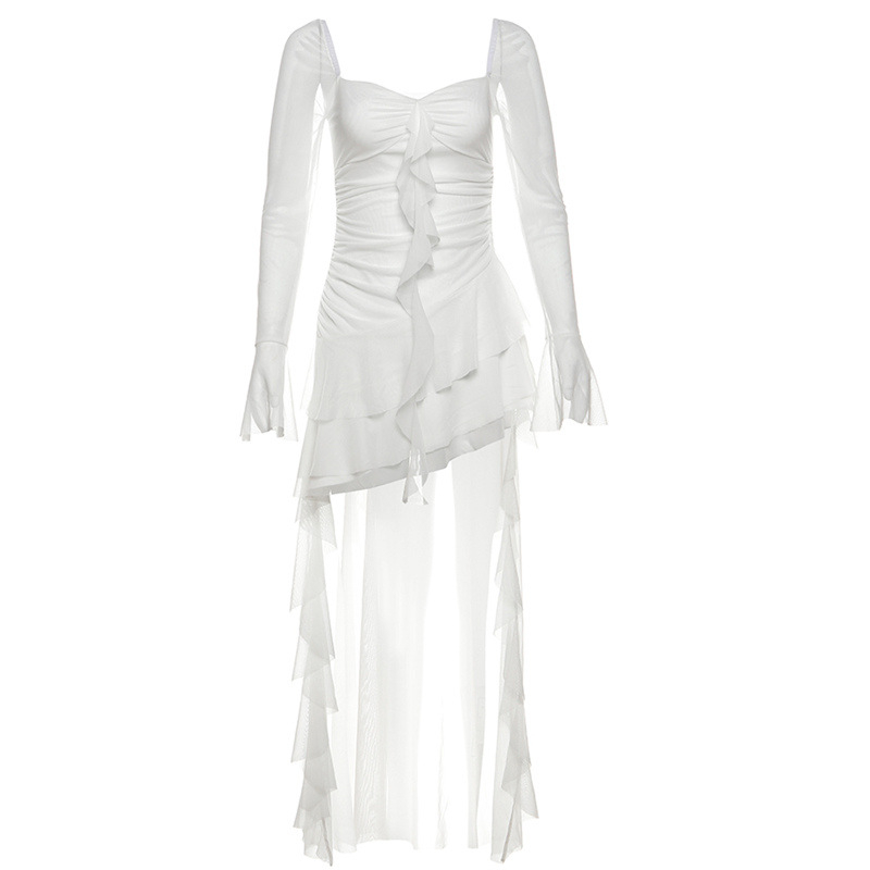 Női A-vonalú ruha négyszögletes nyakkal, hosszú ujjú, magas derekú, poliészter-spandex keverék