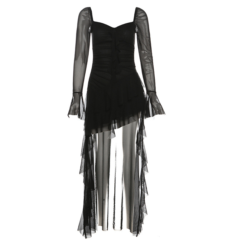 Női A-vonalú ruha négyszögletes nyakkal, hosszú ujjú, magas derekú, poliészter-spandex keverék