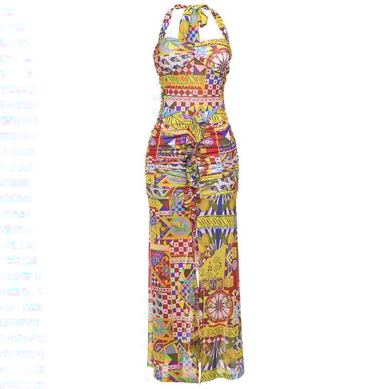 Nyomtatott hálószövésű ruha halternyakú, hát nélküli, ujj nélküli, hosszú, karcsú fazon