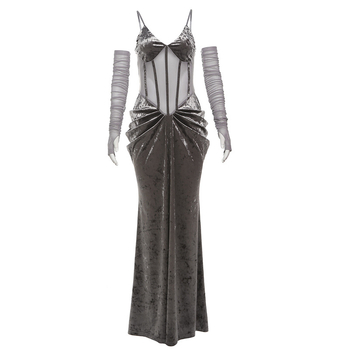 Ruha poliészter-spandex keverékéből, V-nyakú, magas derék, ujjatlan, hosszú A-vonalú ruha