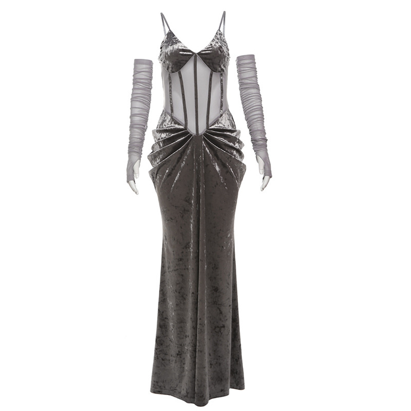 Ruha poliészter-spandex keverékéből, V-nyakú, magas derék, ujjatlan, hosszú A-vonalú ruha