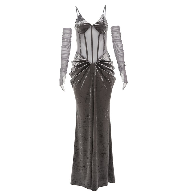 Ruha poliészter-spandex keverékéből, V-nyakú, magas derék, ujjatlan, hosszú A-vonalú ruha