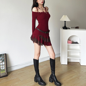 Női ruha váll nélküli, hosszú ujjú, A-vonalú, magas derék, poliészter-elasztán keverék