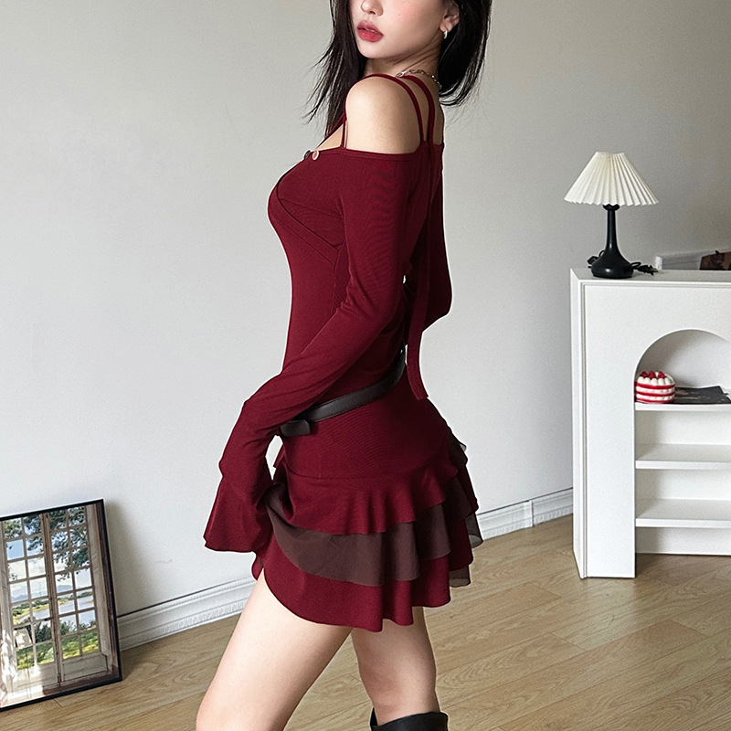 Női ruha váll nélküli, hosszú ujjú, A-vonalú, magas derék, poliészter-elasztán keverék