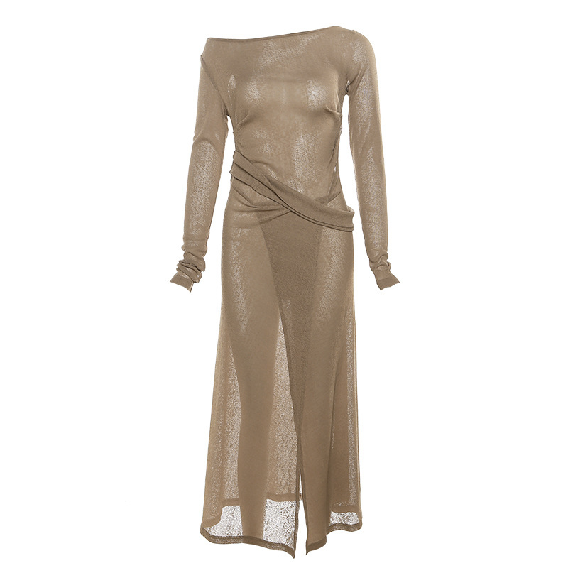 Šaty — jednofarebné, A-linijné, dlhé rukávy, šikmý golier, bočný rozparok, zmes polyester-elastán