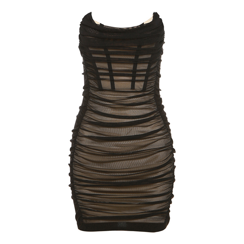 Haljina – bez rukava, off-shoulder, plisirana, A-linija kroja, visok pas, poliester s elastanom