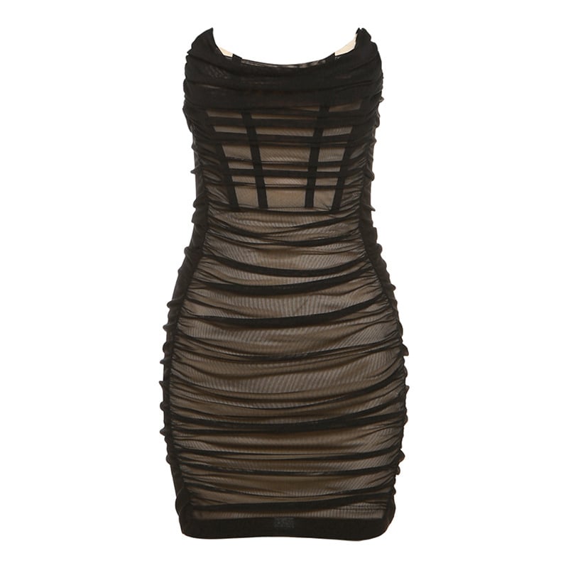 Haljina – bez rukava, off-shoulder, plisirana, A-linija kroja, visok pas, poliester s elastanom