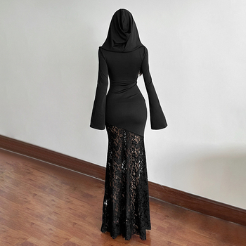 Kapucnis, magas derekú, hosszú ujjú, A-vonalú ruha – egyszínű poliészter-elasztán keverék, utcai divat, őszi 2024