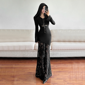 Kapucnis, magas derekú, hosszú ujjú, A-vonalú ruha – egyszínű poliészter-elasztán keverék, utcai divat, őszi 2024