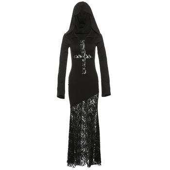 Kapucnis, magas derekú, hosszú ujjú, A-vonalú ruha – egyszínű poliészter-elasztán keverék, utcai divat, őszi 2024