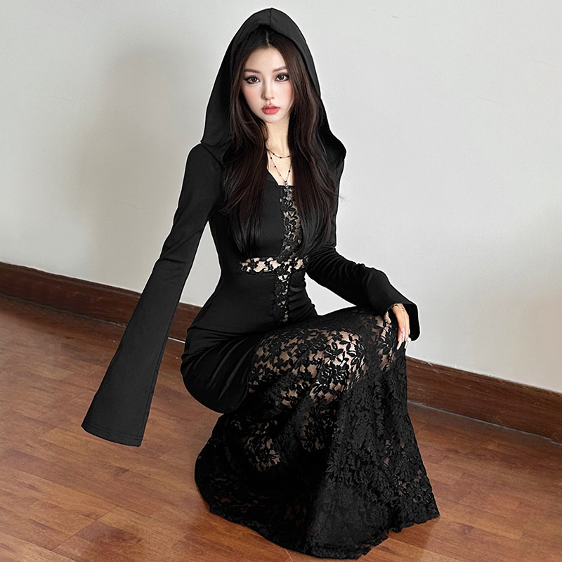 Kapucnis, magas derekú, hosszú ujjú, A-vonalú ruha – egyszínű poliészter-elasztán keverék, utcai divat, őszi 2024