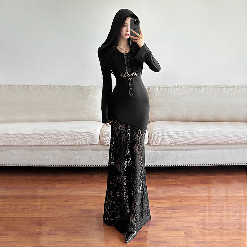 Kapucnis, magas derekú, hosszú ujjú, A-vonalú ruha – egyszínű poliészter-elasztán keverék, utcai divat, őszi 2024