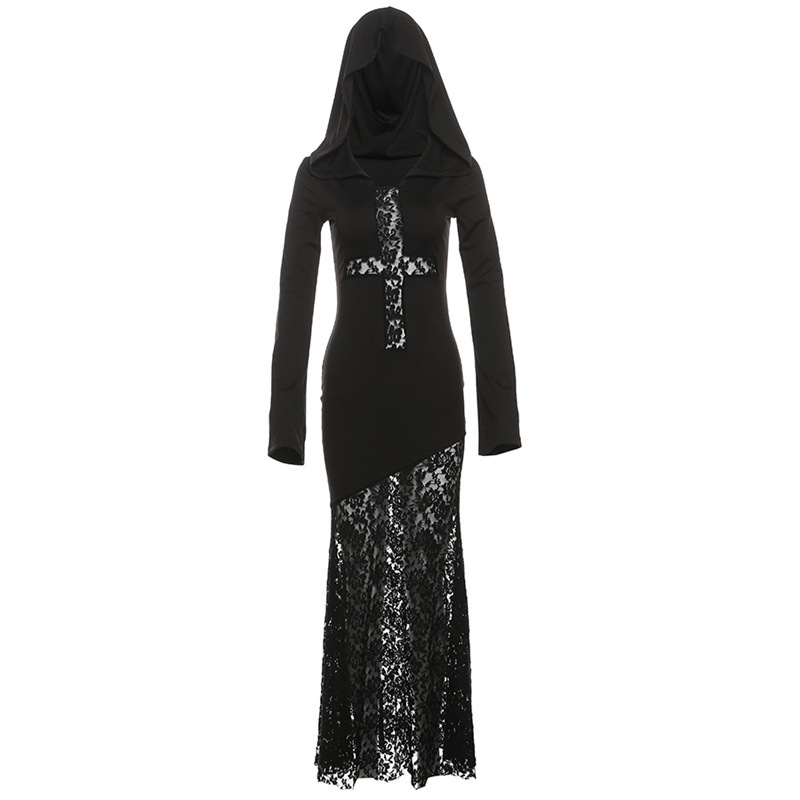 Kapucnis, magas derekú, hosszú ujjú, A-vonalú ruha – egyszínű poliészter-elasztán keverék, utcai divat, őszi 2024