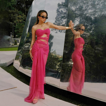 Váll nélküli, ujjatlan ruha, magas derékkal, hosszú, egyszínű poliészter-spandex keverék, utcai stílus