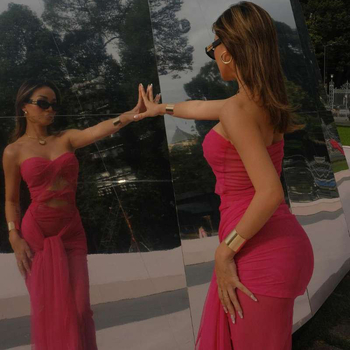 Váll nélküli, ujjatlan ruha, magas derékkal, hosszú, egyszínű poliészter-spandex keverék, utcai stílus