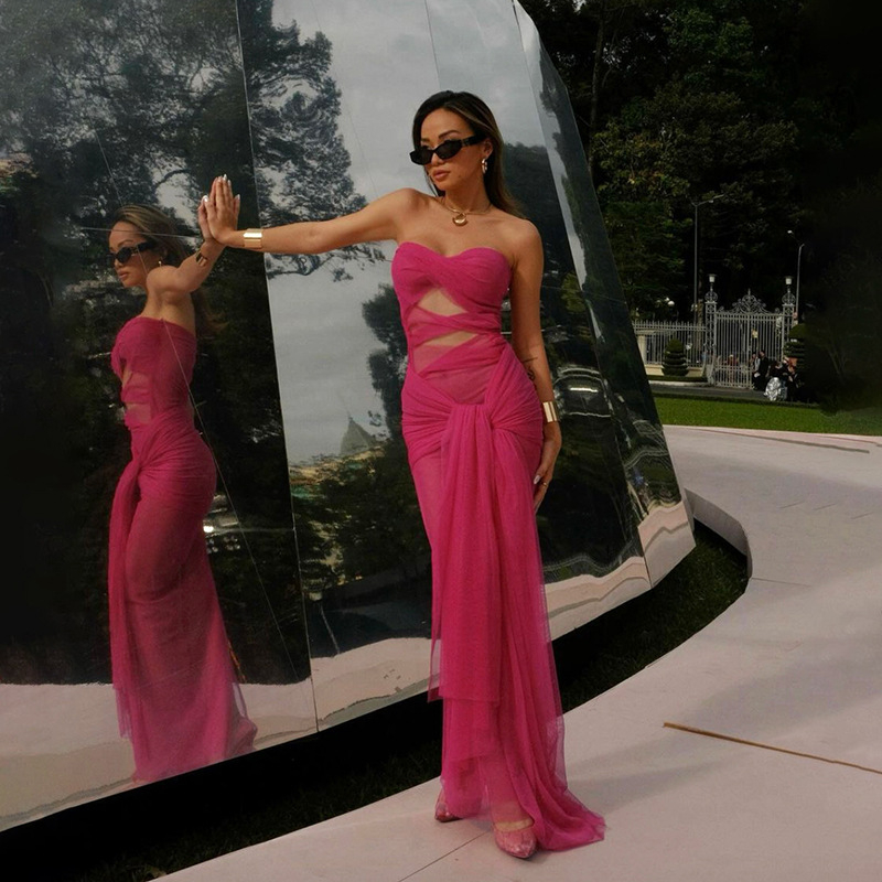 Váll nélküli, ujjatlan ruha, magas derékkal, hosszú, egyszínű poliészter-spandex keverék, utcai stílus