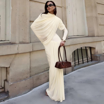 Rochie - pliuri, amestec Milk Silk + Spandex, guler rotund, mâneci lungi, talie înaltă