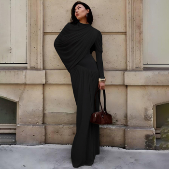 Rochie - pliuri, amestec Milk Silk + Spandex, guler rotund, mâneci lungi, talie înaltă