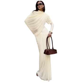 Rochie - pliuri, amestec Milk Silk + Spandex, guler rotund, mâneci lungi, talie înaltă