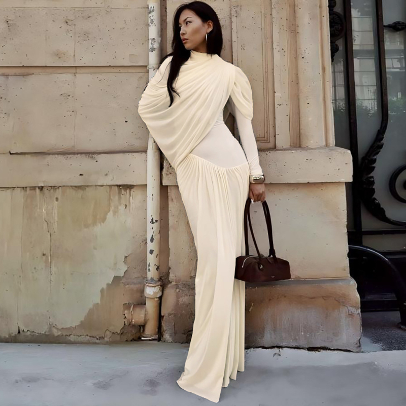 Rochie - pliuri, amestec Milk Silk + Spandex, guler rotund, mâneci lungi, talie înaltă