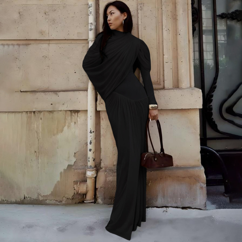 Rochie - pliuri, amestec Milk Silk + Spandex, guler rotund, mâneci lungi, talie înaltă