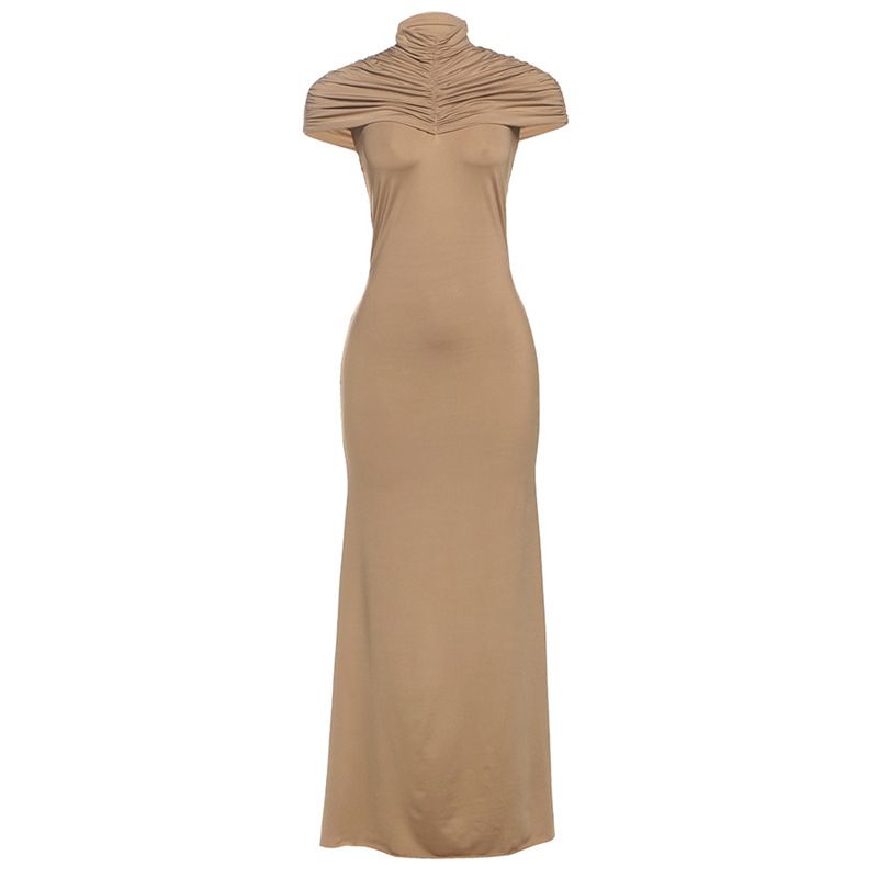 Rochie Milk Silk, croială Slim-Fit, guler înalt, fără mâneci, lungă, detaliu patchwork