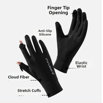 Vyrų vasarinės dviračių pirštinės su UV apsauga – greitai džiūsta, kvėpuoja, anti-slip, su liečiamu ekranu; Ice Silk poliesteris (71–80%) + Spandeksas (21–30%)