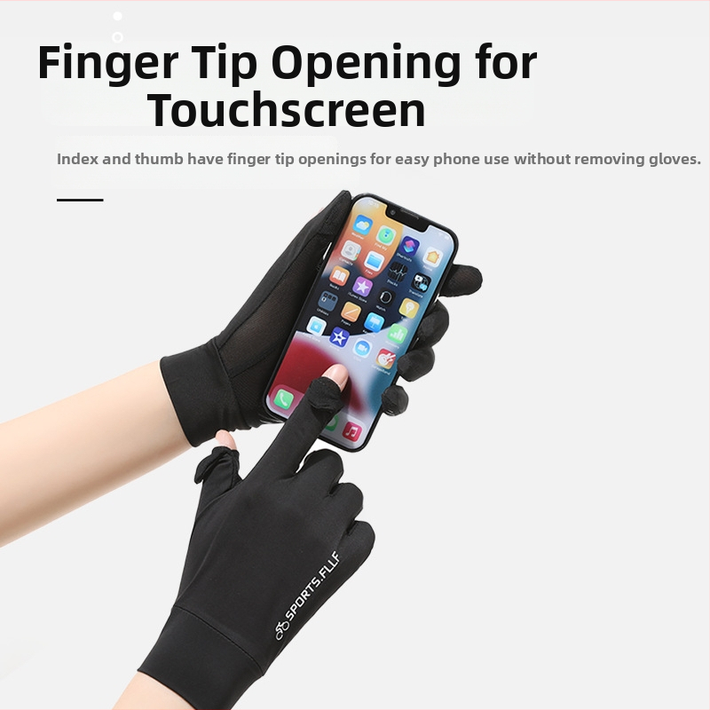 Vyrų vasarinės dviračių pirštinės su UV apsauga – greitai džiūsta, kvėpuoja, anti-slip, su liečiamu ekranu; Ice Silk poliesteris (71–80%) + Spandeksas (21–30%)