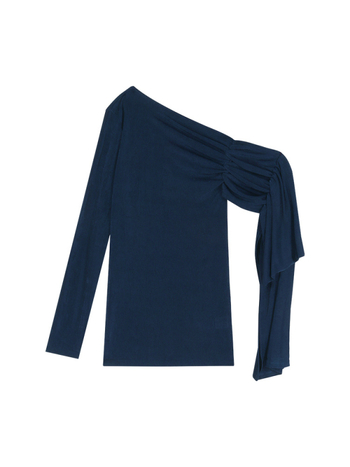 Női kötött top aszimmetrikus egyvállas kialakítással, hosszú ujjú, szabálytalan vonalú szabás, egy vonalú gallér, fő anyag tartalma 95%+