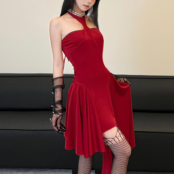 Rochie cu gât halter, fără mâneci, talie înaltă, croială A-line, poliester.